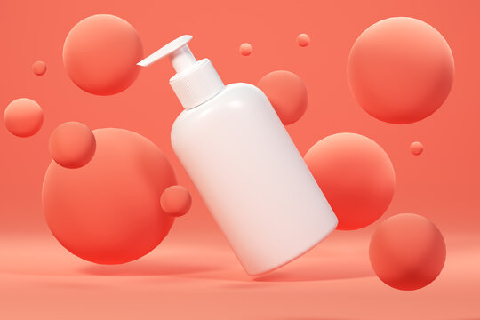 Weiße Kunststoff Flaschen für Kosmetik, auf orangen Hintergrund mit Kugeln. Behälter für Flüssigkeiten, Seifenspender. 3D Rendering.