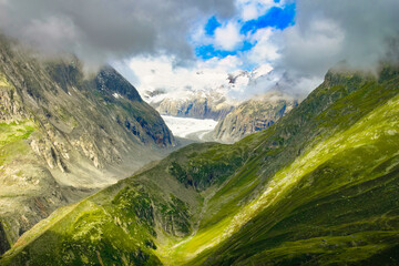 View of the mountains and the Aletschgletscher glacier from the Moosfluh viewpoint, Swiss Alps, Europe