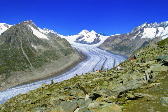 Panoramic aerial view of Aletschgletscher glacier from Eggishorn viewpoint, Swiss Alps, Europe