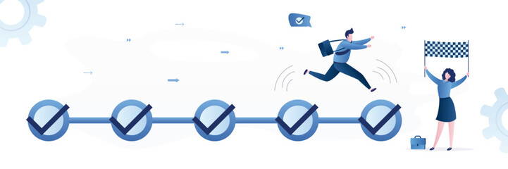 Male office worker jumps from assignment to the next challenge. Successful business problem solving, schedule. Completion of jobs and tasks