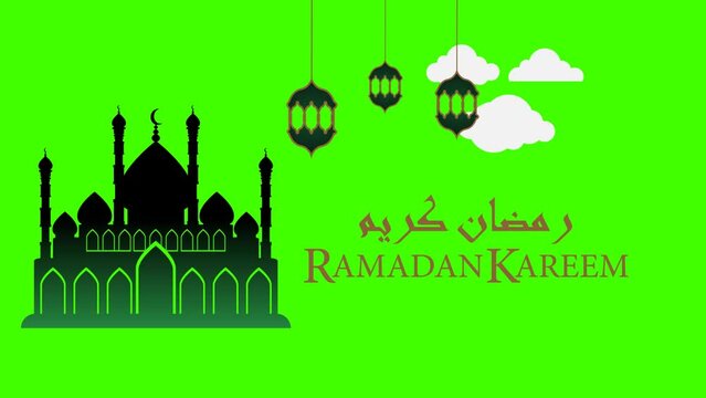 ramadan kareem animation, with mosque temple, walking clouds and swaying lights, green background