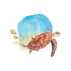 Sea turtle on the background of anemone corals with yellow fish highlighted on a white background. Watercolor illustration of marine animals and plants. The drawing is suitable for postcards, design.