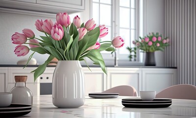 Bouquet of tulips in a bright modern kitchen, generative AI