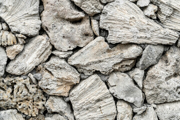 Background wall build from and decorated with seastones, ocean sand and coral remains.
