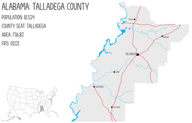 Large and detailed map of Talladega county in Alabama, USA.