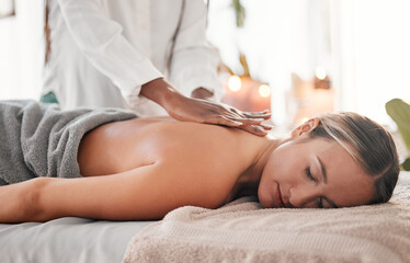 Hands, back massage with masseuse, women at holistic center or spa with wellness, physical therapy...
