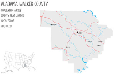 Large and detailed map of Walker county in Alabama, USA.