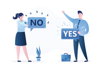 Business people hold speech bubbles - yes and no. Businessman and businesswoman cannot agree, dead end in negotiations. Communication problems. Not making decision.