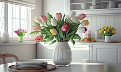 Bouquet of tulips in a bright modern kitchen, generative AI