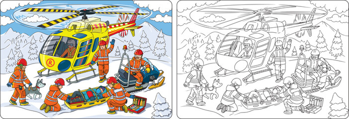 Naklejka premium Rescue helicopter near the rescuers. Coloring book