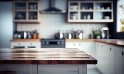 A blurry workplace in the kitchen with an empty wooden countertop in front of, generative AI