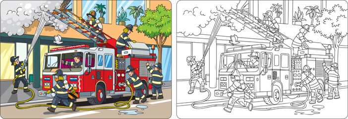Firefighters near a fire truck. Coloring book - 576295081