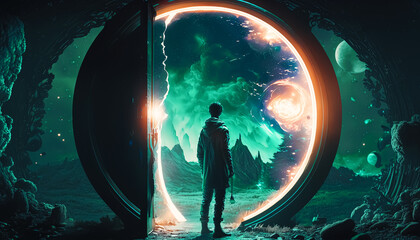Generative AI illustration of a Creative Time Traveler Stepping Through Portal to Another Location of Alien planet 