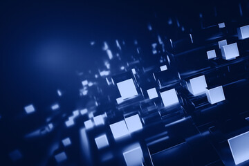 Modern technological minimalistic background. Blue mirror cubes in space. Blue wallpaper