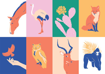 Abstract vector illustration set of botanical printable posters and animals. Art for postcards, wall art, banner, background.	