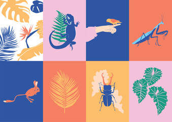 Abstract vector illustration set of botanical printable posters and animals. Art for postcards, wall art, banner, background.	