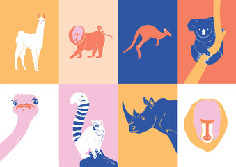 Fototapeta premium Abstract vector illustration set of botanical printable posters and animals. Art for postcards, wall art, banner, background. 