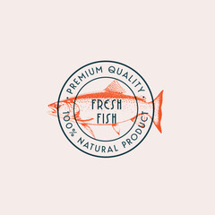 Fish, seafood. Vintage icon fish label, logo, print sticker for Meat Restaurant. Poster with text, typography fish, seafood, grill steak and fish silhouette. Vector Illustration