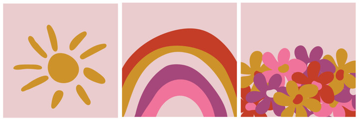 Neutral colors art cards set, sun, rainbow, flowers. 3 postcards. Vector illustration.
