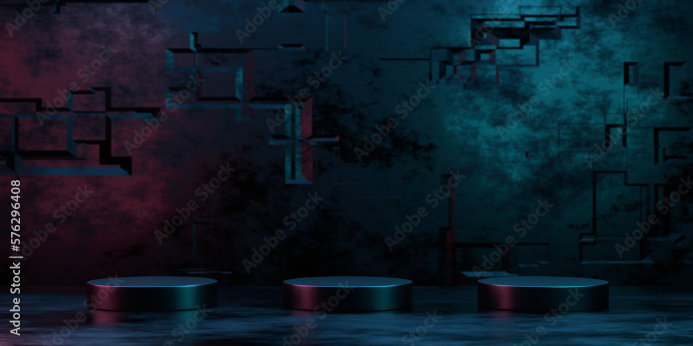 Aufkleber 3d rendering empty metal podium with blue and red neon light for product display. sci fi scene