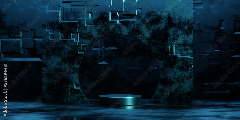 Poster 3d rendering empty metal podium with blue neon light for product display. sci fi scene