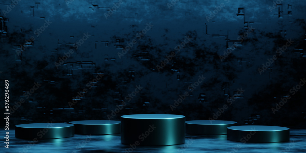 Poster 3d rendering empty metal podium with blue neon light for product display. sci fi scene