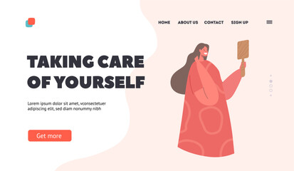 Taking Care of Yourself Landing Page Template. Attractive Young Woman Look in Mirror Refreshing Makeup or Preen