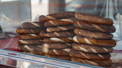 Simit. Traditional Turkish food simit. Street food of Turkey. Group of Turkish bagel is being sold in the streets in Turkey.