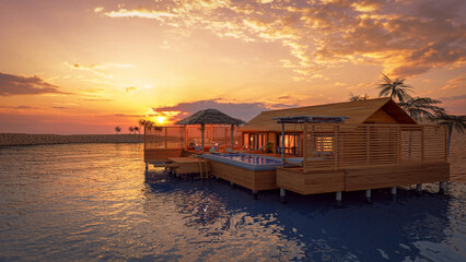 Pool villa in the middle of the sea during sunset time. 3D illustration rendering