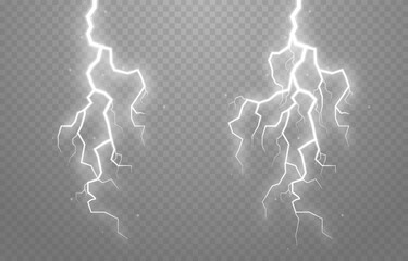 Set of lightning on an isolated transparent background. Flash of light, lightning png. Thunderstorm, natural phenomenon. Effect lightning png. Vector illustration.