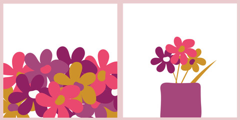 Neutral colors art cards set, different flowers, flowers in a vase. Vector illustration.