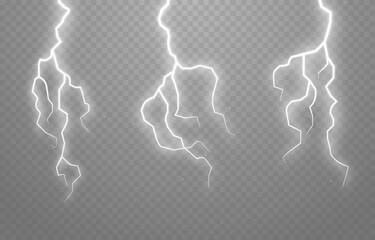 Set of lightning on an isolated transparent background. Flash of light, lightning png. Thunderstorm, natural phenomenon. Effect lightning png. Vector illustration.