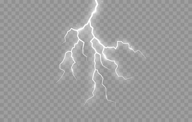 Lightning on an isolated transparent background. Flash of light, lightning png. Thunderstorm, natural phenomenon. Effect lightning png. Vector illustration.