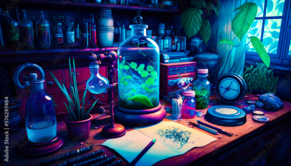 Poster desk with lot of items on it. fantasy. generative ai.