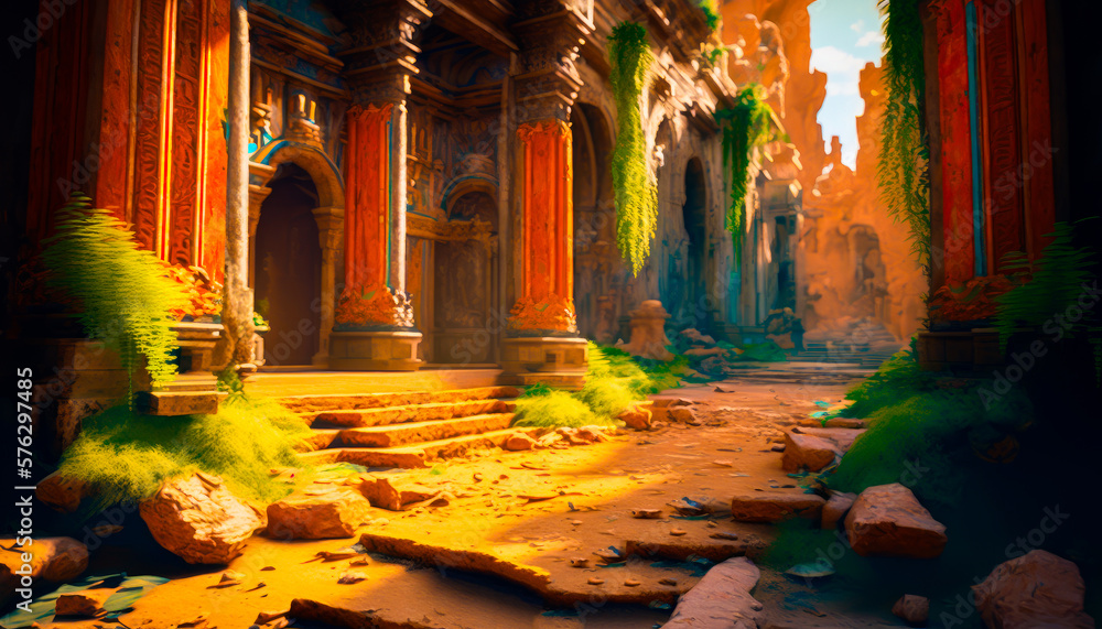 Aufkleber painting of building with steps leading up to it. fantasy. generative ai.