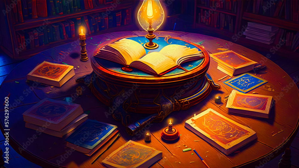 Aufkleber table with books and lamp on top of it. fantasy. generative ai.