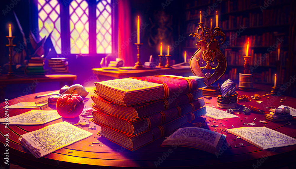 Poster table topped with lots of books next to window. fantasy. generative ai.