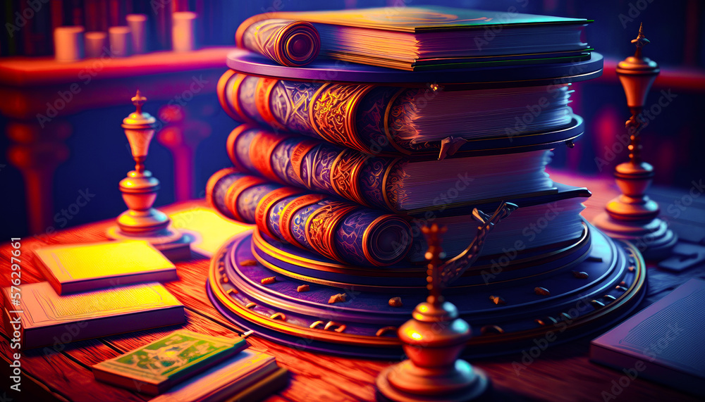Poster stack of books sitting on top of wooden table. fantasy. generative ai.