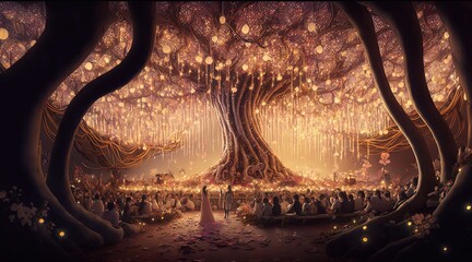 beautiful elvish celebration with tree of life in hall, Generative Ai