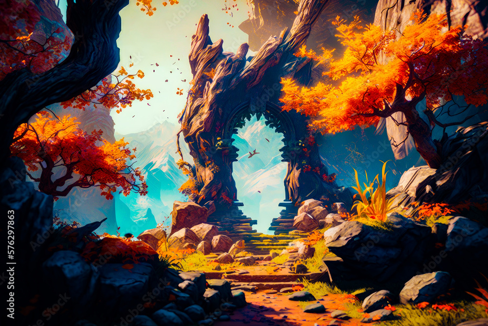 Poster painting of forest with rocks and trees. fantasy. generative ai.