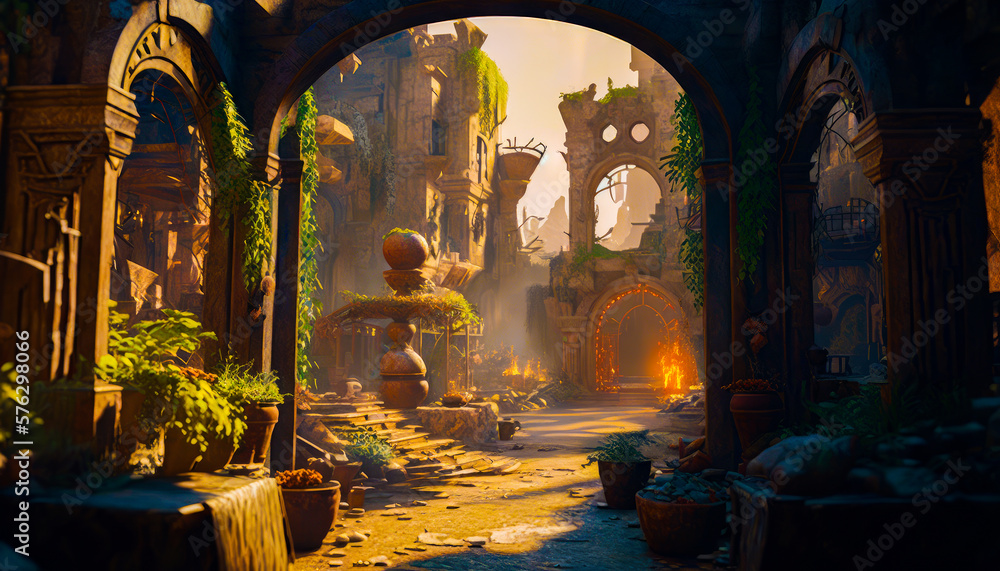 Aufkleber scene of courtyard with fountain. fantasy. generative ai.
