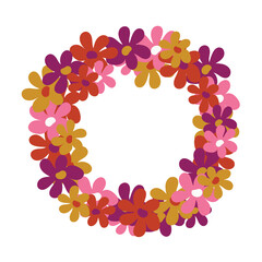 Bright beautiful wreath of flowers isolated on a white background. Decorative round frame in neutral colors. Unique design for greeting cards, banners, flyers. Vector. Hand-drawn.