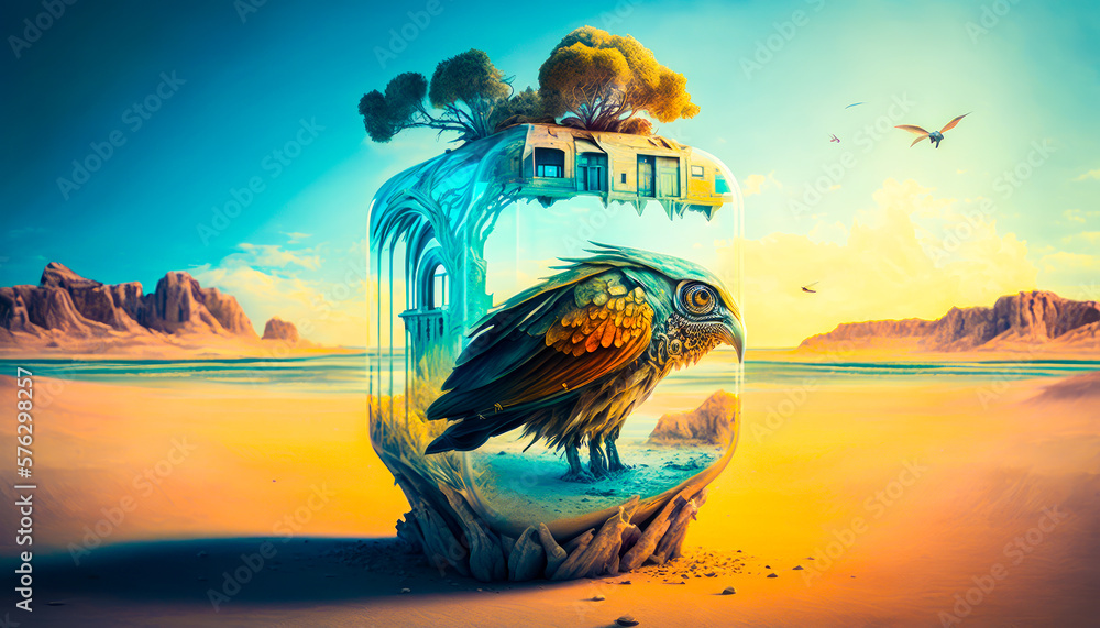 Poster bird sitting on top of tree stump in the desert. fantasy. generative ai.
