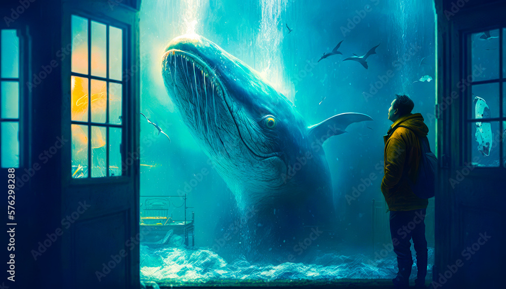 Poster man standing in front of window looking at whale. fantasy. generative ai.