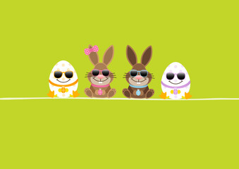 Fototapeta premium Osterhasen Mädchen & Junge Sonnenbrille & 2 Ostereier Karte Grün