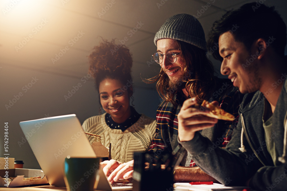 Aufkleber University collaboration, laptop or students working on website search for IT college, digital database research or project. Education learning, night school study or teamwork review of online report