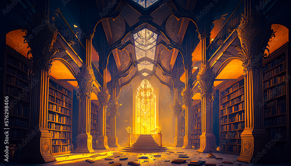 Aufkleber room with lot of books in it. fantasy. generative ai.