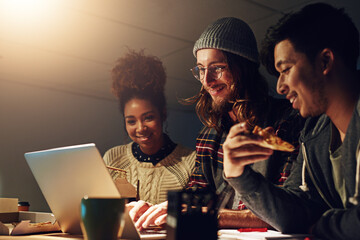 University collaboration, laptop or students working on website search for IT college, digital database research or project. Education learning, night school study or teamwork review of online report