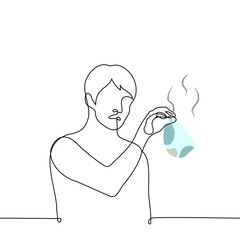 man in disgust holding a used baby diaper - one line drawing vector. baby poop concept