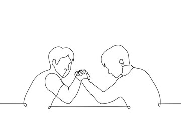 two men compete on their hands - one line drawing vector. concept arm wrestling - obrazy, fototapety, plakaty